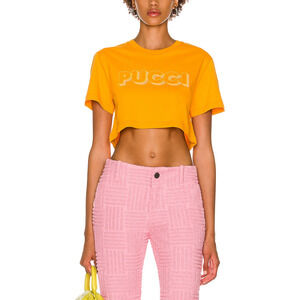 Emilio Pucci Graphic Yellow Cropped Logo Tee Size XS